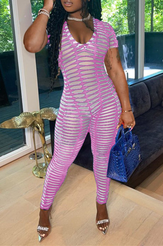 Pink Fashion Sexy Solid Hollowed Out See-through V Neck Skinny Jumpsuits