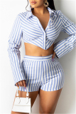 Green Fashion Casual Striped Print Split Joint Turndown Collar Long Sleeve Two Pieces