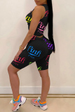 Black Casual Sportswear Letter Print Vests O Neck Sleeveless Two Pieces