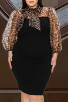 Black Sexy Leopard Split Joint See-through Ribbon Collar Wrapped Skirt Plus Size Dresses