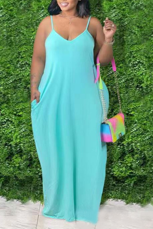 Cyan Sexy Solid Patchwork Spaghetti Strap Straight Plus Size Dresses