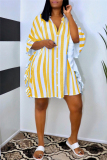 Yellow Fashion Casual Striped Print Patchwork Turndown Collar Shirt Dress Dresses