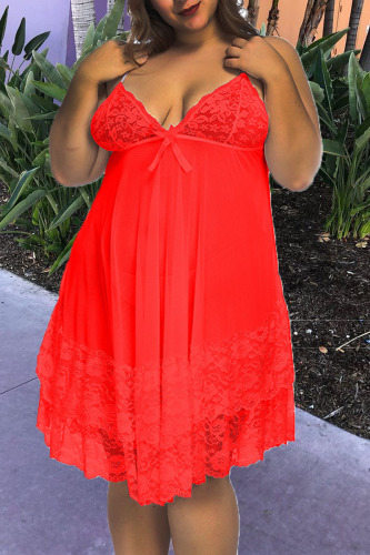 Red Sexy Solid Lace Patchwork Spaghetti Strap Sling Dress Plus Size Dresses