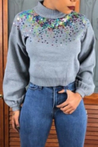 Grey Casual Patchwork Knitting Hoodies
