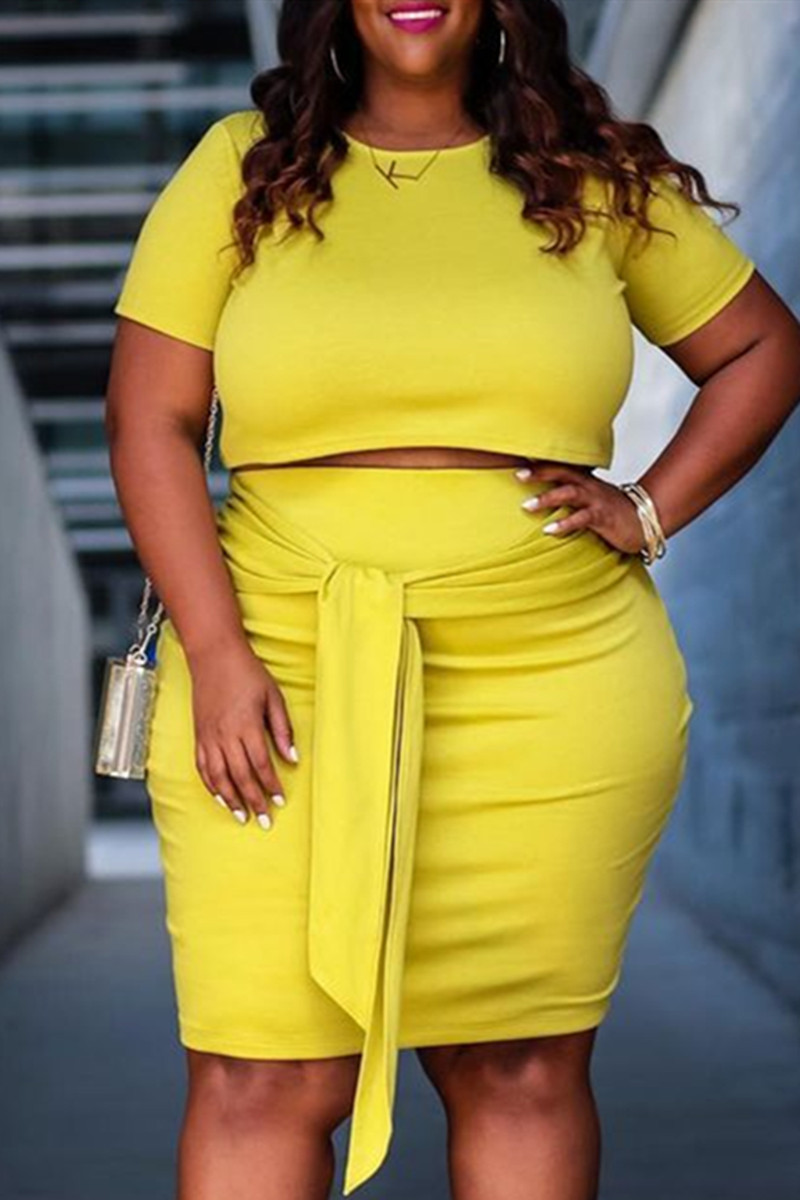 

Yellow Fashion Sexy Solid Basic O Neck Plus Size Two Pieces