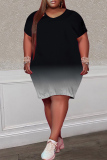 Black Fashion Casual Plus Size Gradual Change Print Basic V Neck Short Sleeve Dress