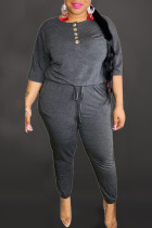 Dark Gray Casual Solid Patchwork Frenulum Buttons O Neck Plus Size Jumpsuits