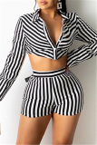 Blue Fashion Casual Striped Print Split Joint Turndown Collar Long Sleeve Two Pieces