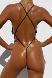 Black Fashion Sexy Solid Tassel Backless Strap Design Swimwears