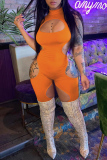 Orange Fashion Sexy Solid Hollowed Out Turtleneck Skinny Romper
