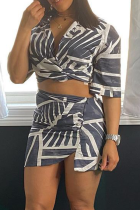 Grey Sexy Print Split Joint V Neck Short Sleeve Two Pieces