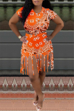 Orange Fashion Casual Print Tassel O Neck Short Sleeve Two Pieces
