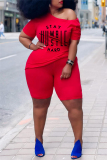 Red Fashion Casual Letter Print Basic O Neck Plus Size Two Pieces
