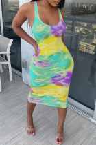 Yellow Sexy Tank Sleeveless O neck Step Skirt Knee-Length Print Tie and dye Dresses