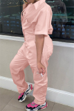 Pink Fashion Casual Solid Basic Turndown Collar Regular Jumpsuits