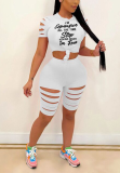 White Casual Print Ripped O Neck Short Sleeve Two Pieces