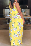 Yellow Sexy Casual Print Backless Spaghetti Strap Sleeveless Dress