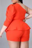 Tangerine Casual Solid Patchwork Asymmetrical Oblique Collar Plus Size Two Pieces