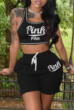 Black Casual Sportswear Letter Print Vests U Neck Sleeveless Two Pieces