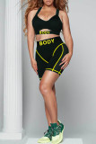 Green Casual Sportswear Letter Print Hollowed Out V Neck Sleeveless Two Pieces