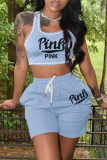 Light Blue Casual Sportswear Letter Print Vests U Neck Sleeveless Two Pieces