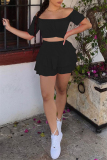 Black Sexy Casual Solid Backless Off the Shoulder Short Sleeve Two Pieces