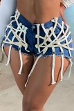 Light Blue Casual Patchwork Draw String Mid Waist Skinny Denim Shorts