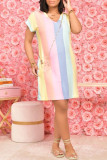 Rainbow Color Casual Striped Print Basic V Neck Short Sleeve Midi Dress