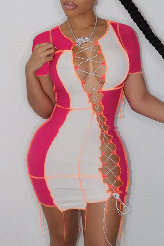 Rose Red Sexy Solid Bandage Hollowed Out O Neck A Line Dresses