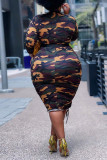 Multicolor Fashion Casual Plus Size Camouflage Print Without Belt O Neck Long Sleeve Dresses