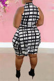 Yellow Casual Plaid Print Bandage O Neck Plus Size Two Pieces