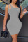 Grey Casual Solid Hollowed Out Split Joint Oblique Collar Pencil Skirt Dresses