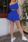 Blue Sexy Casual Solid Backless Off the Shoulder Short Sleeve Two Pieces