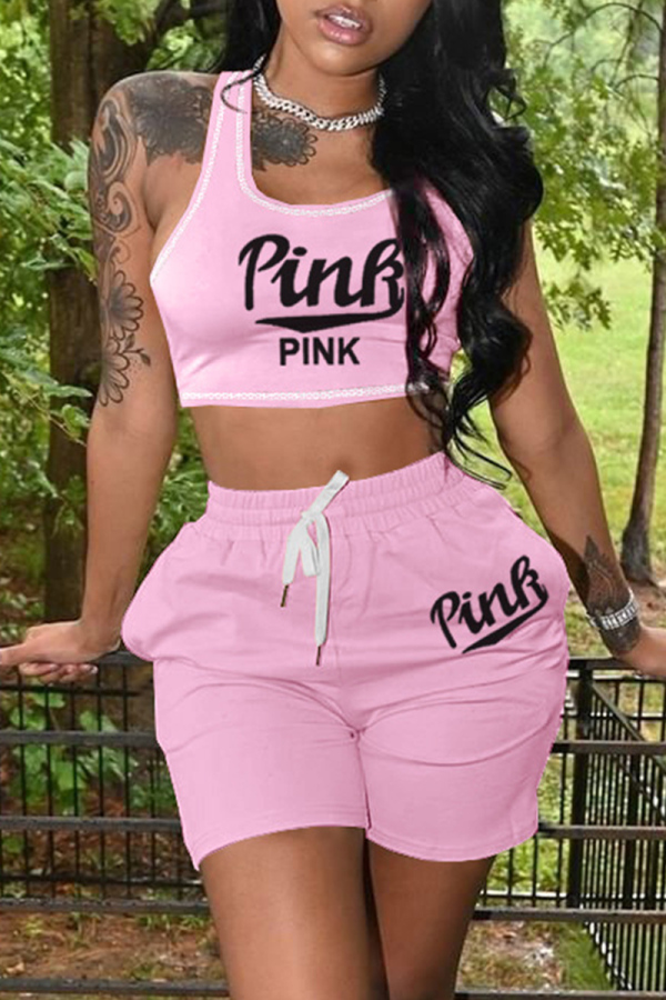 Pink Casual Sportswear Letter Print Vests U Neck Sleeveless Two Pieces