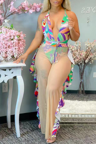 Green Sexy Print Hollowed Out Patchwork Swimwears