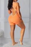 Tangerine Red Casual Solid Backless Halter Skinny Rompers