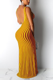 Red and yellow Fashion Sexy Spaghetti Strap Sleeveless Slip Mermaid Floor-Length Striped bandage asymmetr