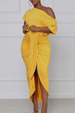 Yellow Sexy Solid Bandage Patchwork Asymmetrical Oblique Collar Irregular Dress Dresses