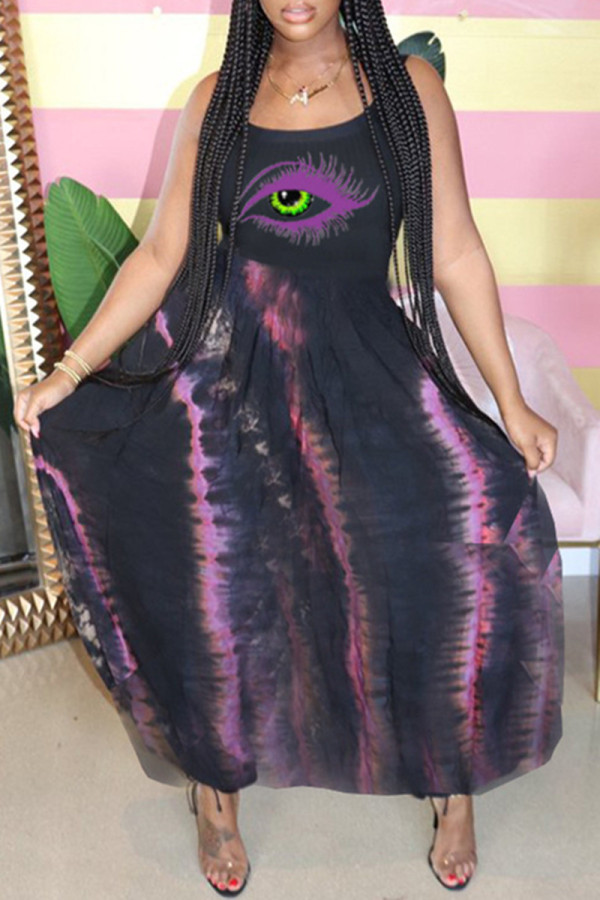 Black Purple Sexy Casual Lips Printed Backless Spaghetti Strap Sleeveless Dress