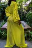 Yellow Sexy Solid Mesh V Neck Loose Jumpsuits