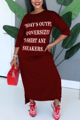 Wine Red Fashion Letter Print Versatile Round Neck Sleeves Dress