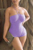 Purple Fashion Sexy Solid Backless Strapless Skinny Romper