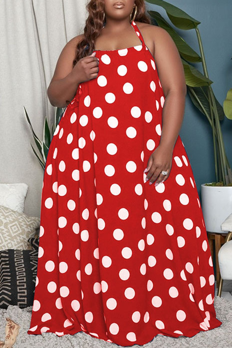 

Red Sexy Casual Plus Size Dot Print Backless Halter Sleeveless Dress