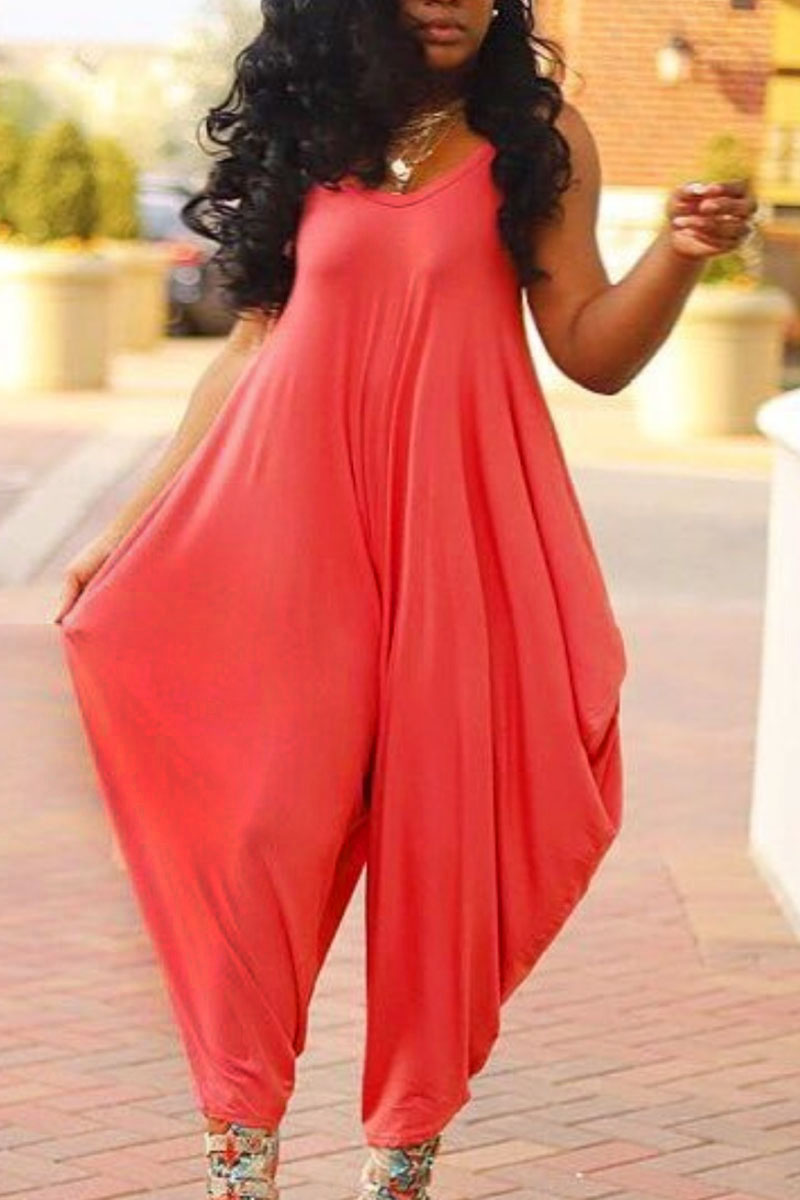 

Watermelon Red Casual Solid Split Joint Spaghetti Strap Plus Size Jumpsuits