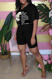 Black Fashion Casual Print Slit V Neck Short Sleeve Two Pieces