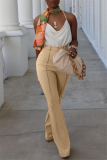Khaki Fashion Casual Solid Basic Regular High Waist Trousers
