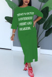 Green Fashion Letter Print Versatile Round Neck Sleeves Dress