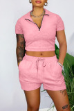 Pink Casual Solid Patchwork Zipper Turndown Collar Short Sleeve Two Pieces