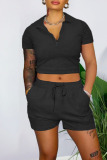 Black Casual Solid Patchwork Zipper Turndown Collar Short Sleeve Two Pieces