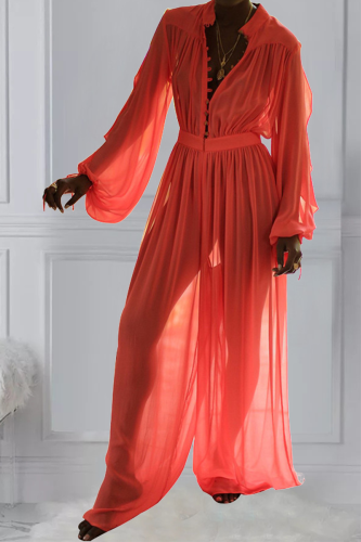 Orange Sexy Solid Mesh V Neck Loose Jumpsuits